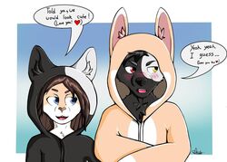  anthro azki_(azki_wolf) black_body black_fur blue_eyes blush brown_hair canid canine canis clothing dante_mutt_(artist) duo embarrassed english_text exphilia fur hair heterochromia hoodie kigurumi lagomorph leporid male mammal onesie rabbit tan_body tan_fur text topwear white_body white_fur wolf 