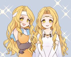  2girls blonde_hair brigid_(fire_emblem) circlet dress edain_(fire_emblem) fire_emblem fire_emblem:_genealogy_of_the_holy_war gloves headband long_hair looking_at_viewer multiple_girls open_mouth scarf siblings simple_background sisters smile sparkle_background twins watabou white_dress yellow_eyes 