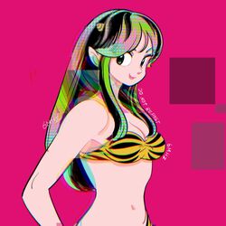  animal_print bikini english_text female glitch green_eyes green_hair highres long_hair looking_to_the_side lum muda_rengou_to_ziggy_stardust navel parted_bangs pink_background pointy_ears sidelocks smile solo swimsuit tiger_print upper_body urusei_yatsura yellow_bikini 