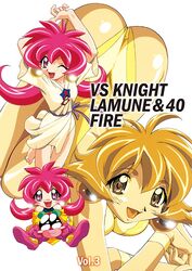  1990s_(style) 2girls arms_up ass barefoot breasts cleavage copyright_name crossed_arms drum_(lamune) earrings flipped_hair jewelry long_hair medium_breasts multiple_girls non-web_source official_art one_eye_closed open_mouth parfait_(lamune) pink_hair pq_(lamune) retro_artstyle short_hair short_sleeves simple_background top-down_bottom-up vs_knight_lamune_&amp;_40_fire white_background wristband 