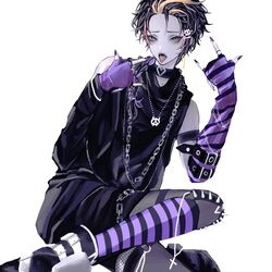  1boy 9_zhi_3 \m/ alternate_costume black_choker black_shirt choker clothing_cutout double_\m/ elbow_gloves gloves hair_ornament heart heart_choker highres leggings male_focus nijisanji nijisanji_en open_mouth punk purple_eyes shirt shoulder_cutout shu_yamino single_sleeve sitting skull_hair_ornament solo spikes striped_clothes striped_gloves tongue tongue_out virtual_youtuber 