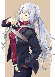  ak-12_(girls&#039;_frontline) ak-12_(lucia)_(girls&#039;_frontline) belt black_jacket black_pants blazer braid breasts brown_belt business_suit closed_eyes feet_out_of_frame female formal girls&#039;_frontline grey_hair hand_on_own_hip highres holding_necktie jacket long_hair medium_breasts nakiusagi necktie official_alternate_costume official_style open_clothes open_jacket open_mouth pants ponytail red_shirt shirt side_braid simple_background smile solo standing suit white_necktie 