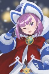  ankh badge beanie blue_coat blue_dress blue_gloves blue_hat blurry blurry_background bow breasts coat dress fate/grand_order fate/grand_order_arcade fate_(series) female fur-trimmed_coat fur-trimmed_dress fur_trim gloves hand_on_own_hip hat helena_blavatsky_(christmas)_(fate) helena_blavatsky_(fate) highres large_bow long_sleeves looking_at_viewer one_eye_closed open_mouth purple_eyes purple_hair red_bow salute short_hair small_breasts smile solo suezu1022 