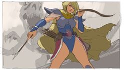  armor arrow_(projectile) blonde_hair blue_eyes bow_(weapon) breasts cape dinosaur faye_(ffmq) female final_fantasy final_fantasy_mystic_quest holding holding_bow_(weapon) holding_weapon junny leotard lips monster short_hair weapon 