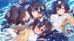  3girls abukuma_(azur_lane) afloat ahoge azur_lane bell black_hair black_pants blush bow breasts brown_eyes brown_hair button_gap cardigan closed_mouth commentary_request crossed_bandaids hair_between_eyes hair_ornament hair_ribbon hairclip highres horns isuzu_(azur_lane) jingle_bell large_breasts long_hair long_sleeves looking_at_viewer low_twintails multiple_girls nagara_(azur_lane) nose_blush ocean oerba_yun_fang official_art one_eye_closed oni_horns open_mouth oversized_clothes pants pantyhose pleated_skirt pointy_ears red_bow red_eyes ribbon rigging sankyaku_tako shirt short_hair side_ponytail sidelocks skirt sleeves_past_wrists smile smoke tears thighband_pantyhose torn_clothes torn_shirt twintails white_shirt yellow_bow yellow_cardigan 