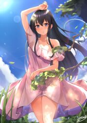  arm_over_head bare_shoulders black_hair blue_eyes collarbone commentary day dress female hair_between_eyes highres long_hair looking_at_viewer outdoors shiina_aoi short_sleeves signature sky solo teeth white_dress yahari_ore_no_seishun_lovecome_wa_machigatteiru. yukinoshita_yukino 