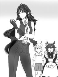  3girls =_= ahoge animal_ears apron belt bitter_glasse_(umamusume) black_lagoon bob_cut bolo_tie breasts contrapposto cosplay cowboy_shot dangle_earrings earrings fabiola_iglesias fabiola_iglesias_(cosplay) flipped_hair garcia_lovelace garcia_lovelace_(cosplay) glove_pull gloves greyscale horse_ears jewelry kashimoto_riko little_cocon_(umamusume) long_hair maid maid_apron maid_headdress medium_breasts monochrome multiple_girls pants roberta_(black_lagoon) roberta_(black_lagoon)_(cosplay) shorts sidelocks tsurime umamusume very_long_hair vest white_background yatsugatakekinoko 