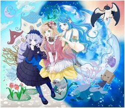  3girls armlet bag bag_on_head bikini bikini_top_only bird blue_dress blue_hair bow braid breasts charlotte_(zettai_meikyuu_himitsu_no_oyayubi-hime) cleavage closed_mouth cloud coral dress drill_hair duck duckling eggshell_hat esheru_(zettai_meikyuu_himitsu_no_oyayubi-hime) eyeshadow fish flower gothic_lolita green_eyes grey_hair hair_flower hair_ornament hairband hairbow highres jellyfish lolita_fashion lolita_hairband makeup mermaid monster_girl moon multiple_girls open_mouth pantyhose paper_bag pink_dress purple_eyes siegward_(zettai_meikyuu_himitsu_no_oyayubi-hime) smile starfish_hair_ornament striped_clothes striped_pantyhose svia_(zettai_meikyuu_himitsu_no_oyayubi-hime) swallow_(bird) swimsuit vertical-striped_clothes vertical-striped_pantyhose yuzuponzu zettai_meikyuu_himitsu_no_oyayubi-hime 