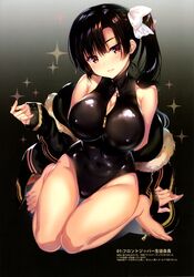  absurdres bare_shoulders barefoot black_hair black_jacket black_one-piece_swimsuit blush breasts brown_eyes cleavage covered_collarbone covered_navel female front_zipper_swimsuit fur_trim gakkou_de_seishun! gradient_background grey_background highres jacket kamino_saori large_breasts long_hair looking_at_viewer meme_attire non-web_source one-piece_swimsuit open_clothes open_mouth sanshoku_amido scan shiny_clothes shiny_skin side_ponytail smile solo sparkle swimsuit thighs tied_hair toes turtleneck zipper zipper_pull_tab 