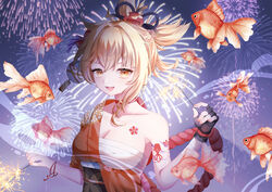  :d absurdres arm_tattoo bandages black_gloves black_sash blonde_hair breasts chest_sarashi chest_tattoo choker cleavage commentary female fingerless_gloves fish genshin_impact gloves goldfish hand_up highres holding japanese_clothes kimono looking_at_viewer medium_breasts mochi_mochi052 nail_polish night night_sky obi open_mouth orange_kimono orange_nails outdoors ponytail red_choker sarashi sash short_hair single_bare_shoulder single_glove sky smile solo tattoo upper_body yellow_eyes yoimiya_(genshin_impact) 