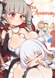  4girls :t absurdres azur_lane between_breasts blonde_hair blurry blurry_background blush breasts bright_pupils cape capelet chewing chibi closed_eyes closed_mouth commentary_request cookie crown cup cupcake double_bun dress eating english_text eyepatch food formidable_(azur_lane) grey_hair hair_bun hat highres holding holding_cup huge_breasts lap_pillow le_malin_(azur_lane) le_terrible_(azur_lane) le_triomphant_(azur_lane) long_hair looking_at_another multiple_girls nanashino_kihei open_mouth red_cape red_eyes short_hair smile sweatdrop tea teacup thighs very_long_hair white_capelet white_dress white_hair white_headwear white_pupils 