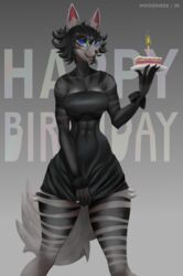  abs absurd_res alternative_fashion anthro birthday_cake black_clothing black_dress black_hair blue_eyes breasts cake cleavage clothed clothing dessert domestic_cat dress ear_piercing ear_ring eyewear felid feline felis female food fur glasses goth grey_background grey_body grey_fur hair hi_res looking_at_viewer mammal medium_breasts millie_(woodies8) open_mouth piercing plate ring_piercing round_glasses simple_background slim small_waist solo standing striped_body striped_fur stripes wearing_glasses wooodies8 