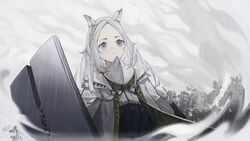  animal_ear_fluff animal_ears arknights blush cloud cloudy_sky coat commentary female gorget hairband heavyrain_(arknights) highres long_hair pen_liangshui_po_ya_po purple_eyes rain shield sky solo tactical_clothes white_coat white_hair zebra_ears zebra_girl 