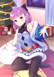  absurdres bare_shoulders black_pantyhose blue_coat blue_dress blush bow breasts christmas christmas_tree closed_mouth coat colonel_olcott_(fate) dress fate/grand_order fate/grand_order_arcade fate_(series) female fur-trimmed_coat fur-trimmed_dress fur_trim hairbow helena_blavatsky_(christmas)_(fate) helena_blavatsky_(fate) highres kano_(kotailo) kneeling long_sleeves looking_at_viewer no_shoes open_clothes open_coat pantyhose purple_eyes purple_hair short_hair small_breasts smile solo 