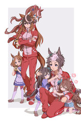  6+girls aged_down ahoge animal_ears blue_shorts braid brown_footwear closed_eyes crossed_arms cup disposable_cup drinking highres holding holding_cup horse_ears horse_girl horse_tail hug jacket jitome lolicon long_hair mejiro_bright_(umamusume) mejiro_dober_(umamusume) mejiro_ryan_(umamusume) multicolored_hair multiple_girls on_one_knee ponytail purple_shirt red_footwear red_jacket red_legwear sailor_collar school_uniform shirt shoes shorts skirt sneakers standing streaked_hair sweatdrop symboli_rudolf_(umamusume) tail thighhighs tokai_teio_(umamusume) tracen_school_uniform tracen_training_uniform track_jacket track_suit tsurumaru_tsuyoshi_(umamusume) two-tone_hair umamusume white_skirt white_thighhighs yoshida_(ne) 