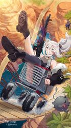  &gt;_&lt; 2girls ahoge animal_ears assault_rifle black_jacket bomb breasts cleavage commentary earrings english_commentary explosive eyebrows_hidden_by_hair faceless faceless_female finger_on_trigger grey_eyes grey_hair grin gun highres hololive hoshimachi_suisei in_shopping_cart jacket jewelry khoaphan96 large_breasts lens_flare lion_ears lion_girl long_hair multicolored_clothes multicolored_panties multiple_girls off_shoulder outdoors palm_tree panties pantyshot plaid rainbow_gradient rifle shishiro_botan shishiro_botan_(1st_costume) shopping_cart single_earring single_leg_pantyhose smile ssrb_(shishiro_botan) tail tarot the_chariot_(tarot) tree trials_rising underwear virtual_youtuber weapon 