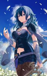  .com_(bot_com1) armlet armor black_cape black_shorts blue_hair blue_sky bodice bracer breasts brown_pantyhose bustier byleth_(female)_(fire_emblem) byleth_(fire_emblem) cape capelet cloak clothing_cutout cloud female fire_emblem fire_emblem:_three_houses floral_print flower grey_eyes hair_between_eyes highres jacket lace-trimmed_legwear lace_trim looking_at_viewer medium_breasts midriff_peek navel navel_cutout pantyhose pantyhose_under_shorts patterned_legwear print_pantyhose short_shorts shorts shoulder_armor sky solo sword sword_of_the_creator tassel turtleneck vambraces weapon 