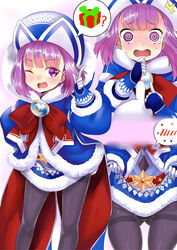  @_@ ankh badge beanie black_pantyhose blue_coat blue_dress blue_gloves blue_headwear blush bow box breasts clothes_lift coat commentary_request dress dress_lift fate/grand_order fate/grand_order_arcade fate_(series) female fur-trimmed_coat fur-trimmed_dress fur_trim gift gift_box gloves hat helena_blavatsky_(christmas)_(fate) helena_blavatsky_(fate) highres large_bow long_sleeves looking_at_viewer multiple_views one_eye_closed open_mouth pantyhose pointing pointing_at_self purple_eyes purple_hair red_bow senbon_tsuki short_hair small_breasts smile spoken_blush tearing_up thighband_pantyhose 