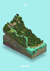  absurdres aqua_background beach cave commentary creature day diorama forest gozz highres hill isometric nature no_humans original river shore sun tree 