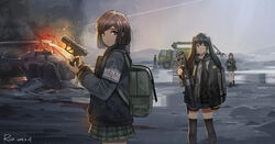  4girls aircraft ar-15 armband artist_name assault_rifle backpack bag burning crash_landing dated gun handgun helicopter hood hoodie jacket long_hair military motor_vehicle multiple_girls original pleated_skirt puddle rico_ebr rifle short_hair skirt thighhighs trigger_discipline truck twintails walther_p22 weapon 