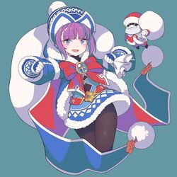  ankh bad_id bad_pixiv_id badge beanie blue_coat blue_dress blue_gloves blue_hat bow breasts coat colonel_olcott_(fate) dress fate/grand_order fate/grand_order_arcade fate_(series) female fur-trimmed_coat fur-trimmed_dress fur_trim gloves hat helena_blavatsky_(christmas)_(fate) helena_blavatsky_(fate) highres holding holding_sack large_bow long_sleeves looking_at_viewer open_mouth pantyhose peaceyj purple_eyes purple_hair red_bow sack short_hair small_breasts smile solo thighs 