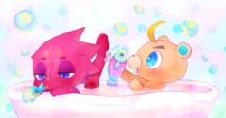  2020 animal_crossing anthro bathing bathtub beaver blonde_hair blue_eyes bubble_bath c.j._(animal_crossing) chameleon chibi duo flick_(animal_crossing) freckles hair horn lizard male mammal nintendo nobinolife purple_eyes red_body red_scales reptile rodent scales scalie tan_body toy wind-up_toy 