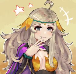  absurdres ahoge asymmetrical_bangs blonde_hair breasts dtomebreaker female fire_emblem fire_emblem_fates fire_emblem_heroes grey_eyes highres long_hair looking_at_viewer medium_breasts official_alternate_costume ophelia_(fire_emblem) ophelia_(resplendent)_(fire_emblem) smile solo star_(symbol) upper_body yellow_background 