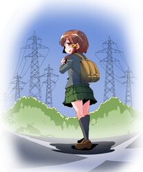  absurdres asymmetrical_hair brown_eyes brown_hair female full_body hair_ornament hairclip highres iwakura_lain kneehighs looking_at_viewer open_mouth school_uniform serial_experiments_lain shinapuu short_hair skirt smile socks solo x_hair_ornament 