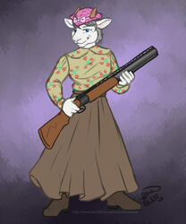  2023 anthro biped blue_eyes boots bottomwear bovid brown_bottomwear brown_clothing brown_skirt caprine clothed clothing female footwear full-length_portrait goat gun hanazawa hat headgear headwear hi_res holding_gun holding_object holding_ranged_weapon holding_weapon horn long_skirt long_sleeve_shirt mammal pattern_clothing pattern_shirt pattern_topwear pink_clothing pink_hat pink_headwear portrait purple_background ranged_weapon shirt shoes simple_background skirt solo standing topwear weapon 