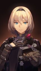  an-94 an-94_(girls&#039;_frontline) an-94_(mod3)_(girls&#039;_frontline) aqua_eyes assault_rifle black_gloves black_hairband blonde_hair english_commentary female girls&#039;_frontline gloves gun hairband hand_grab hand_on_own_chest highres looking_at_viewer niac open_mouth parted_lips rifle short_hair simple_background solo tactical_clothes upper_body weapon 