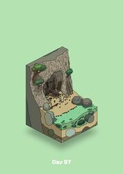  beach boat boulder cave commentary diorama fish gozz green_background highres isometric log no_humans original rope tree watercraft 