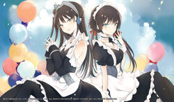  2girls apron azur_lane balloon black_dress black_pantyhose blue_eyes breasts brown_hair corset dress frilled_apron frills glasgow_(azur_lane) looking_at_viewer low_twintails lpip maid maid_apron maid_headdress multiple_girls neck_garter newcastle_(azur_lane) official_art pantyhose small_breasts twintails two-tone_dress white_apron 