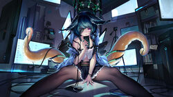  between_legs black_pantyhose black_skirt blue_jacket braid commentary computer crop_top dk.senie feathered_wings feet_out_of_frame female flower frilled_skirt frills green_hair hand_between_legs head_wings highres holding holding_phone jacket long_hair looking_at_viewer midriff monitor navel off_shoulder open_clothes open_jacket original pantyhose parted_lips phone purple_eyes shirt sitting skirt smile solo strap_slip symbol-only_commentary tentacle white_flower white_shirt wings 