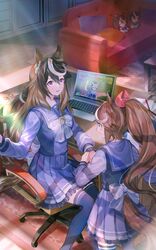  2girls animal_ears blue_eyes brown_hair candy chair character_doll coffee_table computer couch earrings eye_contact food gold_ship_(umamusume) highres horse_ears horse_girl horse_tail indoors jewelry laptop long_hair long_sleeves looking_at_another looking_at_viewer multicolored_hair multiple_girls office_chair paper pen pillow ponytail purple_eyes purple_legwear purple_shirt purple_skirt rug sailor_collar school_uniform shirt single_earring sitting skirt standing streaked_hair sunlight sweatdrop swivel_chair symboli_rudolf_(umamusume) table tail thighhighs tokai_teio_(umamusume) tracen_school_uniform umamusume yoshida_(ne) 