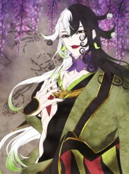  1boy absurdly_long_fingernails ashiya_douman_(fate) asymmetrical_clothes asymmetrical_hair bell black_eyes black_hair curly_hair earrings evil_smile eyeshadow fate/grand_order fate_(series) fingernails flower green_eyeshadow green_kimono green_lips green_nails hadanugi_dousa hair_bell hair_between_eyes hair_intakes hair_ornament highres japanese_clothes jewelry kimono lipstick long_hair magatama magatama_earrings makeup male_focus multicolored_hair onmyouji open_clothes open_kimono purple_flower ribbed_sleeves sabo_(pixiv11244832) sharp_fingernails smile solo split-color_hair toned toned_male two-tone_hair upper_body very_long_fingernails very_long_hair white_hair wisteria 