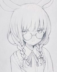  animal_ears bad_id bad_twitter_id bespectacled blush braid closed_mouth collared_shirt female glasses graphite_(medium) greyscale hair_ribbon highres looking_at_viewer medium_hair migihidari_(puwako) monochrome original photo_(medium) ribbon round_eyewear semi-rimless_eyewear shirt solo sweater_vest traditional_media tress_ribbon twin_braids under-rim_eyewear upper_body wing_collar 