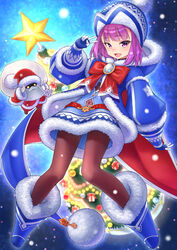  ankh badge beanie blue_coat blue_dress blue_footwear blue_gloves blue_hat boots bow breasts christmas_tree coat colonel_olcott_(fate) dress fate/grand_order fate/grand_order_arcade fate_(series) female fur-trimmed_coat fur-trimmed_dress fur_trim gloves hat helena_blavatsky_(christmas)_(fate) helena_blavatsky_(fate) large_bow long_sleeves looking_at_viewer nyantiu open_mouth pantyhose purple_eyes purple_hair red_bow sack short_hair small_breasts smile snowing solo v 