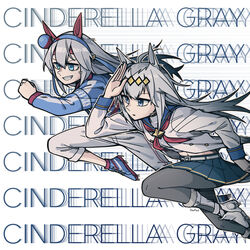  2girls absurdres animal_ears armband belt black_legwear blue_eyes blue_jacket blue_skirt boots commentary ear_covers english_commentary grey_hair hair_ornament hairband headband highres horse_ears horse_girl jacket knee_boots long_sleeves midriff motion_lines multicolored_hair multiple_girls navel neckerchief neonfloyd official_alternate_costume oguri_cap_(umamusume) pants pantyhose pleated_skirt red_neckerchief sailor_collar shoes skirt tamamo_cross_(umamusume) text_focus two-tone_hair umamusume umamusume:_cinderella_gray white_belt white_footwear white_pants 