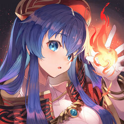  alternate_costume bare_shoulders black_background blue_eyes blue_hair blush bracelet cape commentary_request dress elbow_gloves embers female fire fire_emblem fire_emblem:_the_binding_blade fire_emblem_heroes fireball gloves hair_between_eyes hat highres jewelry lilina_(fire_emblem) lilina_(firelight_leader)_(fire_emblem) long_hair looking_at_viewer magic nakabayashi_zun official_alternate_costume open_mouth red_cape red_hat sleeveless sleeveless_dress solo white_dress white_gloves 