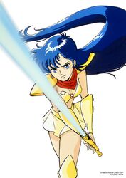  1980s_(style) 1989 armor armored_boots asou_yuuko bikini blue_eyes blue_hair boots bracer company_name copyright_notice female floating_hair highres holding holding_sword holding_weapon long_hair miniskirt mugen_senshi_valis non-web_source official_art pauldrons red_scarf retro_artstyle scarf shoulder_armor simple_background skirt solo strapless strapless_bikini swimsuit sword two-handed valis very_long_hair weapon white_background yellow_skirt 