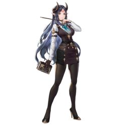  blue_hair book breasts collared_shirt demon_girl demon_horns dress female full_body gloves green_eyes high_heels horns king&#039;s_raid large_breasts long_hair looking_at_viewer official_art pantyhose pointy_ears red_pupils shamilla shirt single_glove smile solo source_request teacher transparent_background 