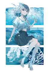  absurdres bad_id bad_pixiv_id black_skirt blue_eyes blue_neckerchief border bracelet closed_mouth commentary_request female food full_body hand_up high_heels highres holding holding_food holding_ice_cream ice_cream jewelry looking_at_viewer midriff neckerchief ocean original pleated_skirt popsicle sailor_collar school_uniform serafuku short_sleeves skirt socks solo sutera_sea tattoo underwater white_border white_footwear white_hair white_sailor_collar white_socks 