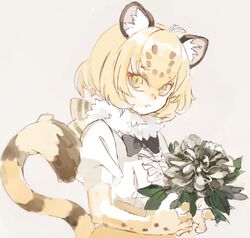  2020 5_fingers animal_humanoid blonde_hair blush breasts clothed clothing felid felid_humanoid female fingers flower fur hair humanoid jaguar_(kemono_friends) jaguar_humanoid kemono_friends konabetate mammal mammal_humanoid pantherine pantherine_humanoid plant shirt simple_background solo topwear yellow_body yellow_fur 