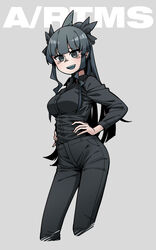  absurdres artemis_of_the_blue atelier_live black_legwear black_shirt black_theme blue_eyes blue_hair breasts buttons character_name collared_shirt colored_tongue commentary contrapposto cowboy_shot cropped_legs dress_shirt female hands_on_own_hips highres large_breasts long_hair long_sleeves looking_at_viewer neonfloyd open_collar open_mouth pants sharp_teeth shirt shirt_tucked_in skin_tight solo teeth virtual_youtuber 