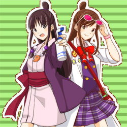  2girls badge black_hair blunt_bangs bottle bow bowtie bracelet brown_hair buttons cardigan commentary_request cowboy_shot double-breasted ema_skye eyewear_on_head green_background grey_eyes gyakuten_saiban hair_ornament half_updo hand_on_own_head hand_up hanten_(clothes) holding jacket japanese_clothes jewelry kimono kisaragi_ichigo long_hair long_sleeves looking_at_viewer magatama maya_fey multiple_girls necklace obi open_mouth outline parted_bangs phoenix_wright:_ace_attorney pleated_skirt purple_cardigan purple_jacket purple_skirt red_bow red_bowtie red_sash sash school_uniform shadow short_kimono sidelocks skirt sleeves_rolled_up smile spray_bottle standing striped striped_background swept_bangs teeth upper_teeth_only white_jacket white_kimono white_outline wide_sleeves 