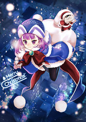  ankh badge beanie black_pantyhose blue_coat blue_dress blue_gloves blue_hat bow breasts christmas closed_mouth coat colonel_olcott_(fate) dress fate/grand_order fate/grand_order_arcade fate_(series) female fur-trimmed_coat fur-trimmed_dress fur_trim gloves hat helena_blavatsky_(christmas)_(fate) helena_blavatsky_(fate) large_bow long_sleeves looking_at_viewer merokonbu0 merry_christmas pantyhose purple_eyes purple_hair red_bow sack short_hair small_breasts smile snowing solo 