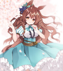  animal_ears bad_id bad_pixiv_id blue_bow blue_skirt blurry blurry_foreground bow braid breasts brown_eyes brown_hair center_frills closed_mouth commentary_request depth_of_field ear_bow female flower frilled_skirt frills hair_between_eyes hands_up highres horse_ears horse_girl horse_tail long_hair medium_breasts mejiro_bright_(umamusume) pleated_skirt puffy_short_sleeves puffy_sleeves purinpurin shirt short_sleeves skirt smile solo striped_sleeves tail twin_braids umamusume very_long_hair white_flower white_shirt 