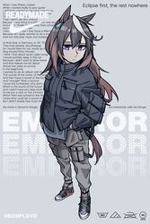  absurdres alternate_costume animal_ears black_hair brown_hair cargo_pants character_name clothes_iron commentary daft_punk earrings english_commentary english_text female full_body grey_background highres horse_ears horse_girl horse_tail jewelry long_hair lyrics multicolored_hair neonfloyd nike_(company) pants parka purple_eyes shoes signature single_earring sneakers solo symboli_rudolf_(umamusume) tail text_focus umamusume white_hair 