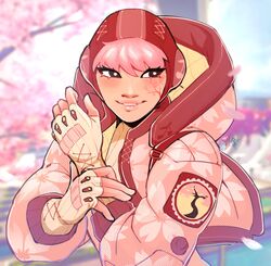  absurdres alternate_color apex_legends black_eyes blurry blurry_background bodysuit bright_pupils cherry_blossoms female highres hood hooded_jacket jacket lichtenberg_figure lila_(lilakeylk) olympus_(apex_legends) parted_lips pink_bodysuit pink_hair pink_headwear pink_jacket pink_theme ribbed_bodysuit scar scar_on_cheek scar_on_face smile solo wattson_(apex_legends) white_pupils 