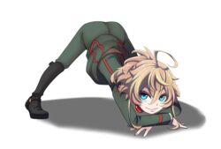  ahoge arm_rest ass black_footwear black_legwear blonde_hair blue_eyes boots colored_eyelashes commentary_request female full_body hal_(goshujinomocha) hands_on_ground jack-o&#039;_challenge long_sleeves looking_at_viewer meme military military_uniform pants pose shadow short_hair simple_background smile solo spread_legs stretching tanya_degurechaff top-down_bottom-up uniform white_background wide_spread_legs youjo_senki 